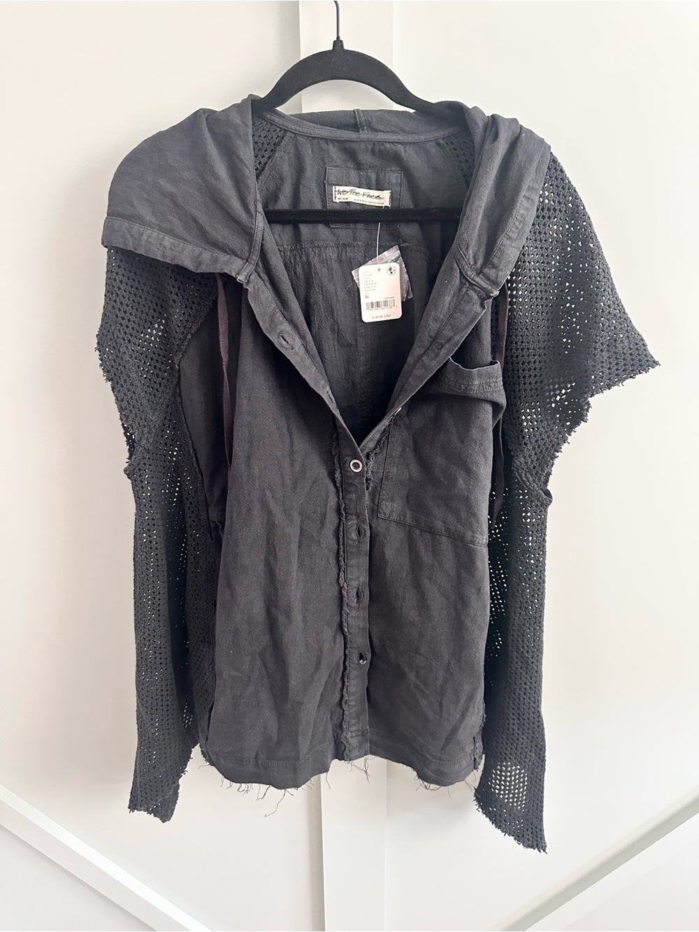 NWT We The Free Hooded Crochet Mixed Media Jacket Black M $148